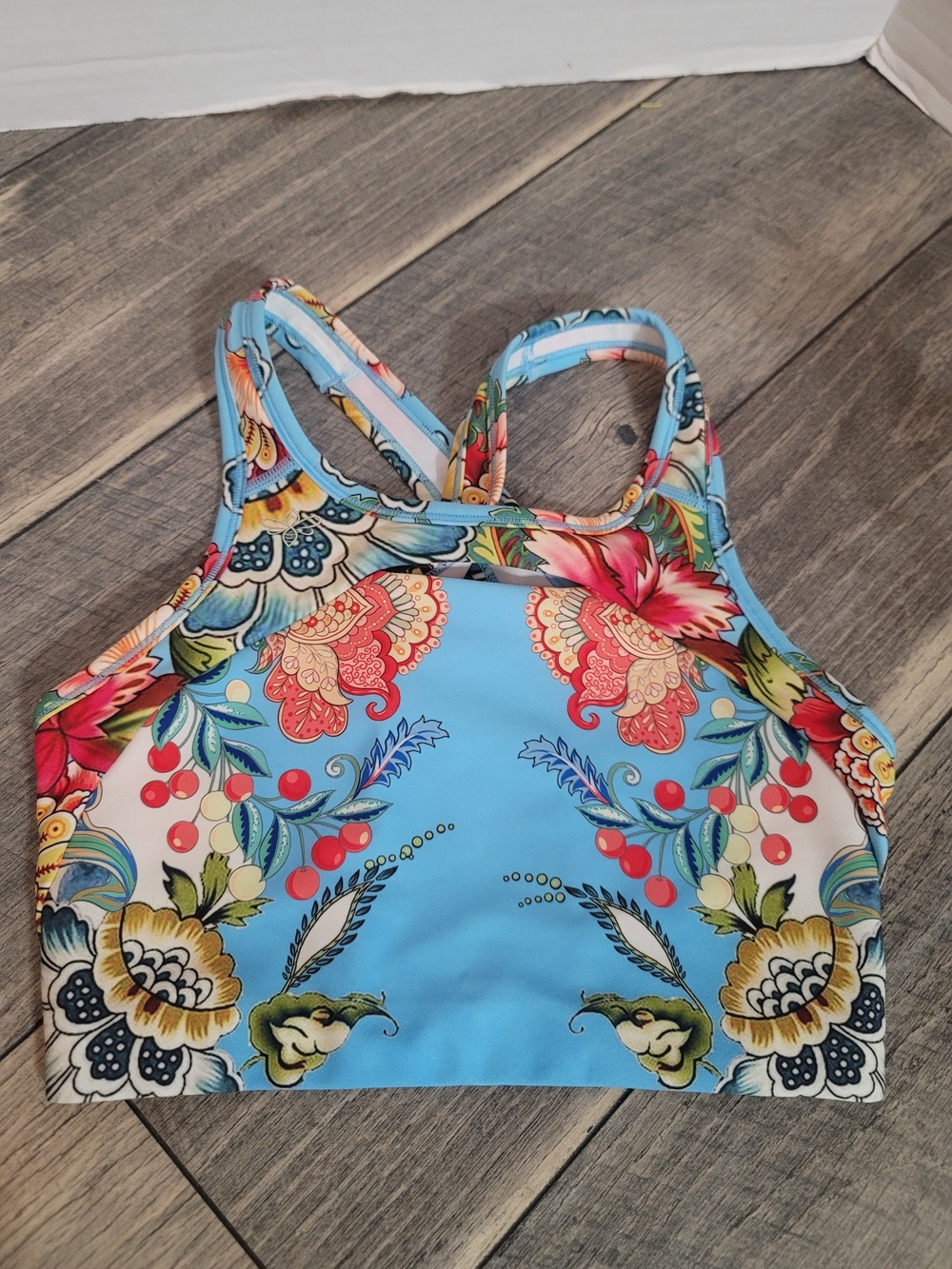 Johnny Was Bee Active Blu Crossback Sports Bra Boho Chic Patchwork Floral XS